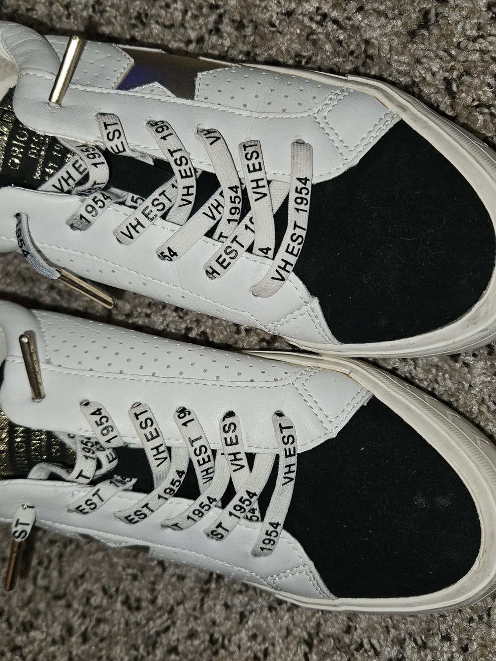 Vintage Havana White and Black Lace-Up Sneakers with Gold Accents